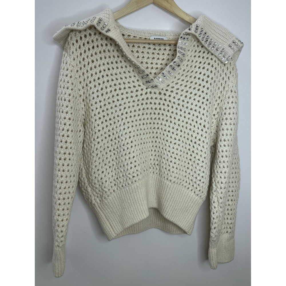 SANDRO Ursule Open Knit Sweater Chunky Pullover Rhinestone Wool Size 2 US M 6 - Picture 3 of 16